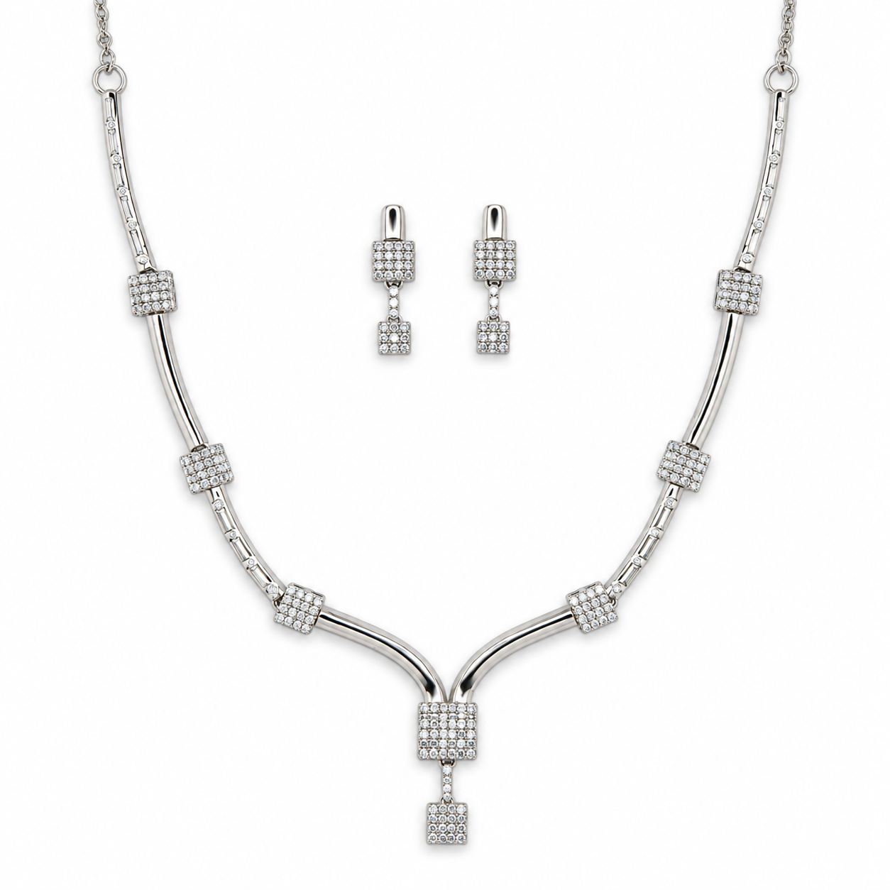 925 Silver Sparkling Square Drop Necklace & Earrings Set