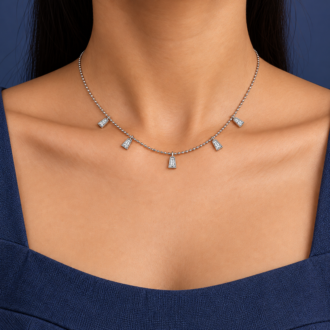 Elegant Silver Beaded Chain Necklace with Five Crystal Drop Charms