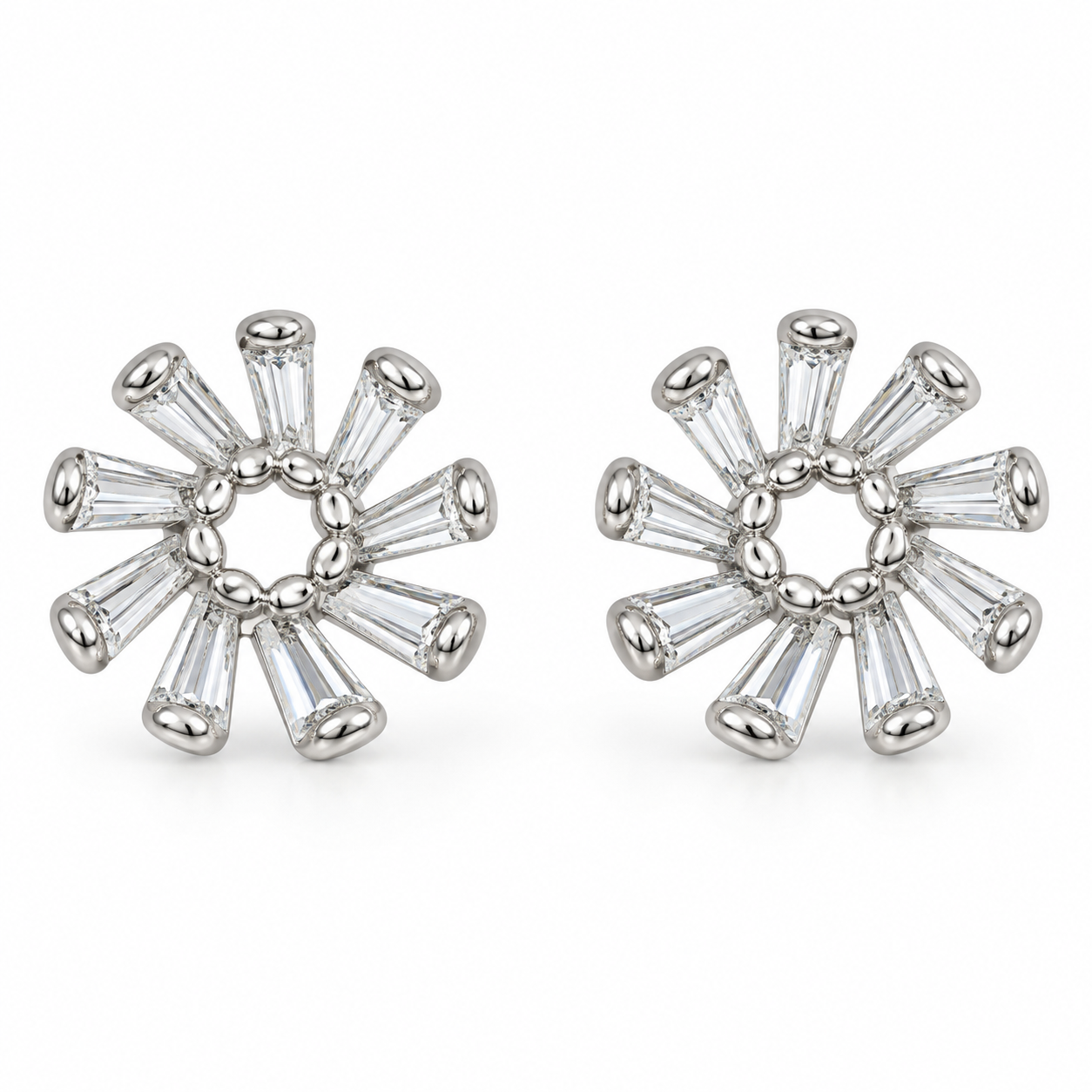 Elegant Sunburst Baguette Stone 925 Sterling Silver Stud Earrings