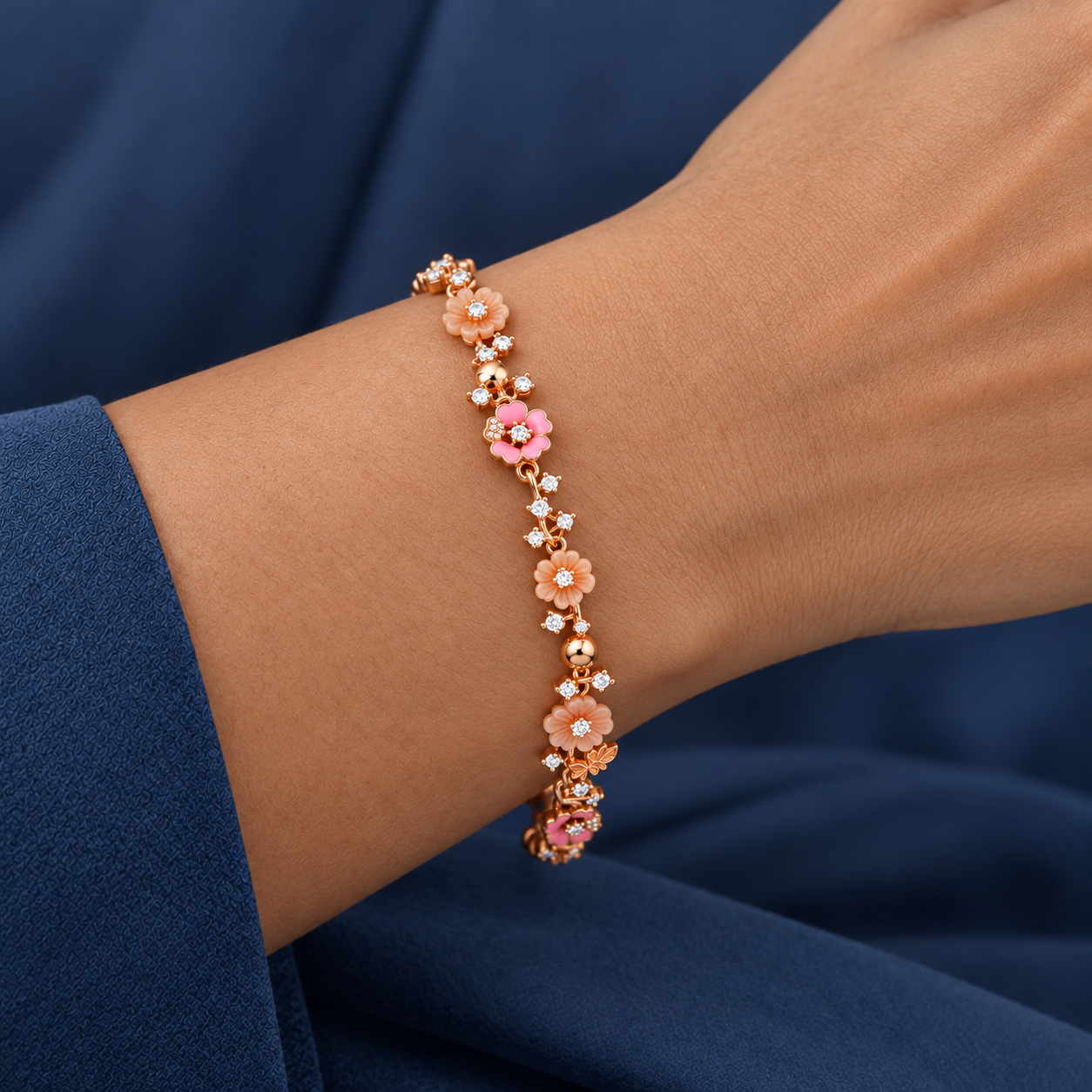 925 Silver Rose Gold Pink Floral Bracelet