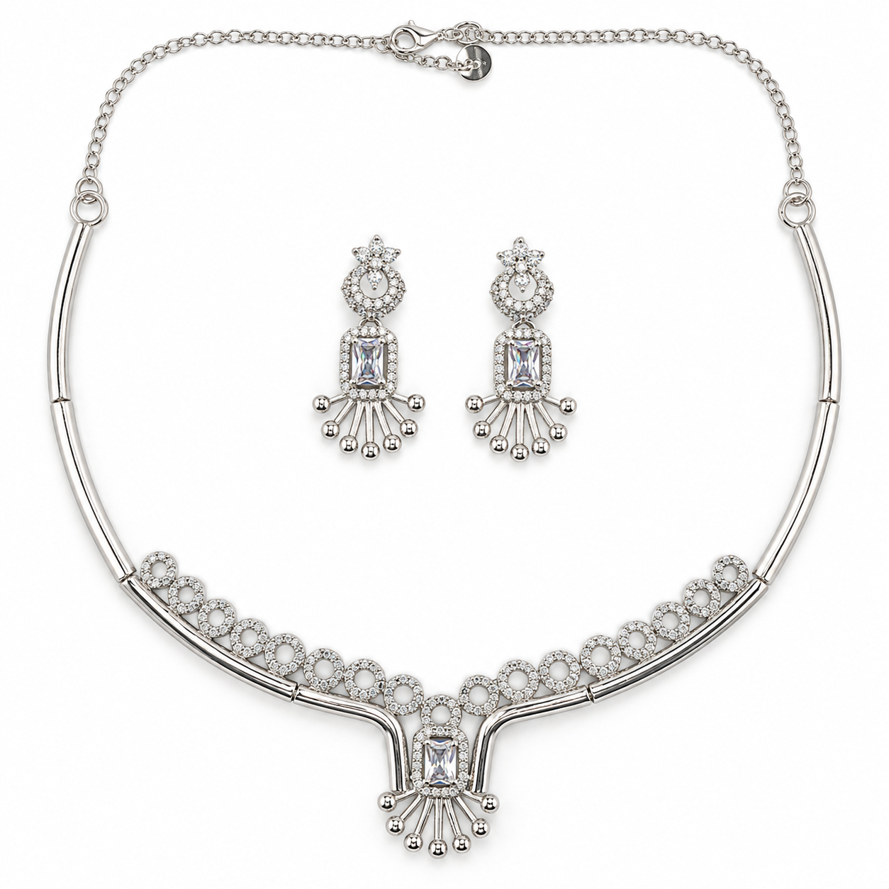 925 Silver Sparkling Circle & Tassel Necklace Set