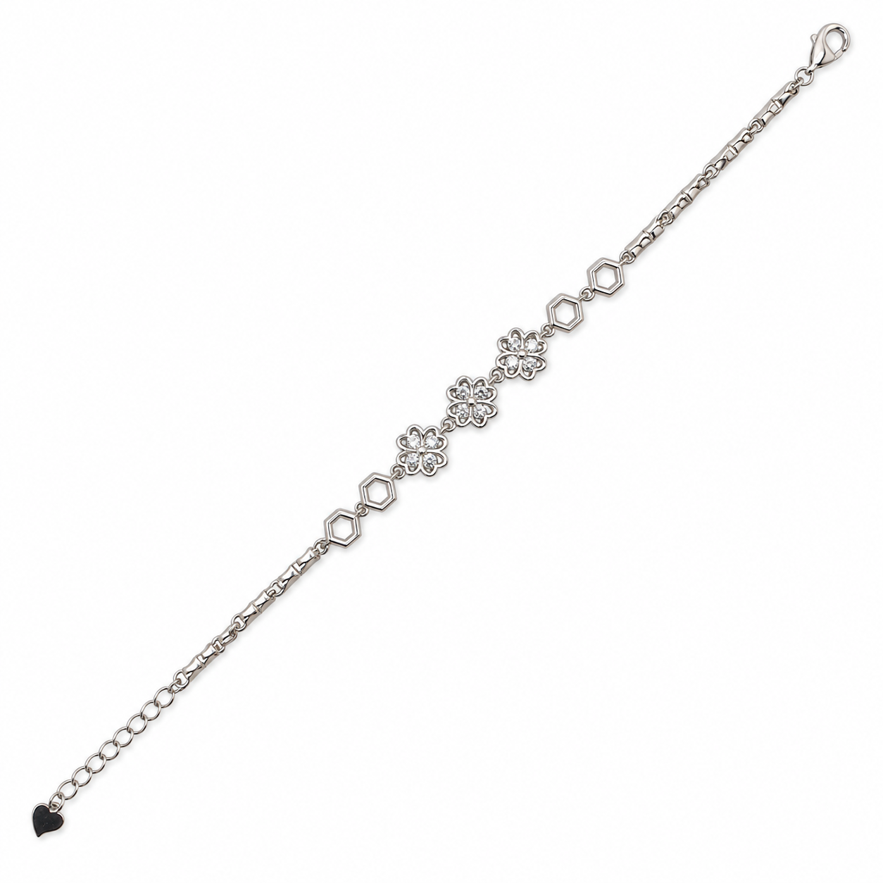 925 Silver Triple Floral Hexagon Link Bracelet
