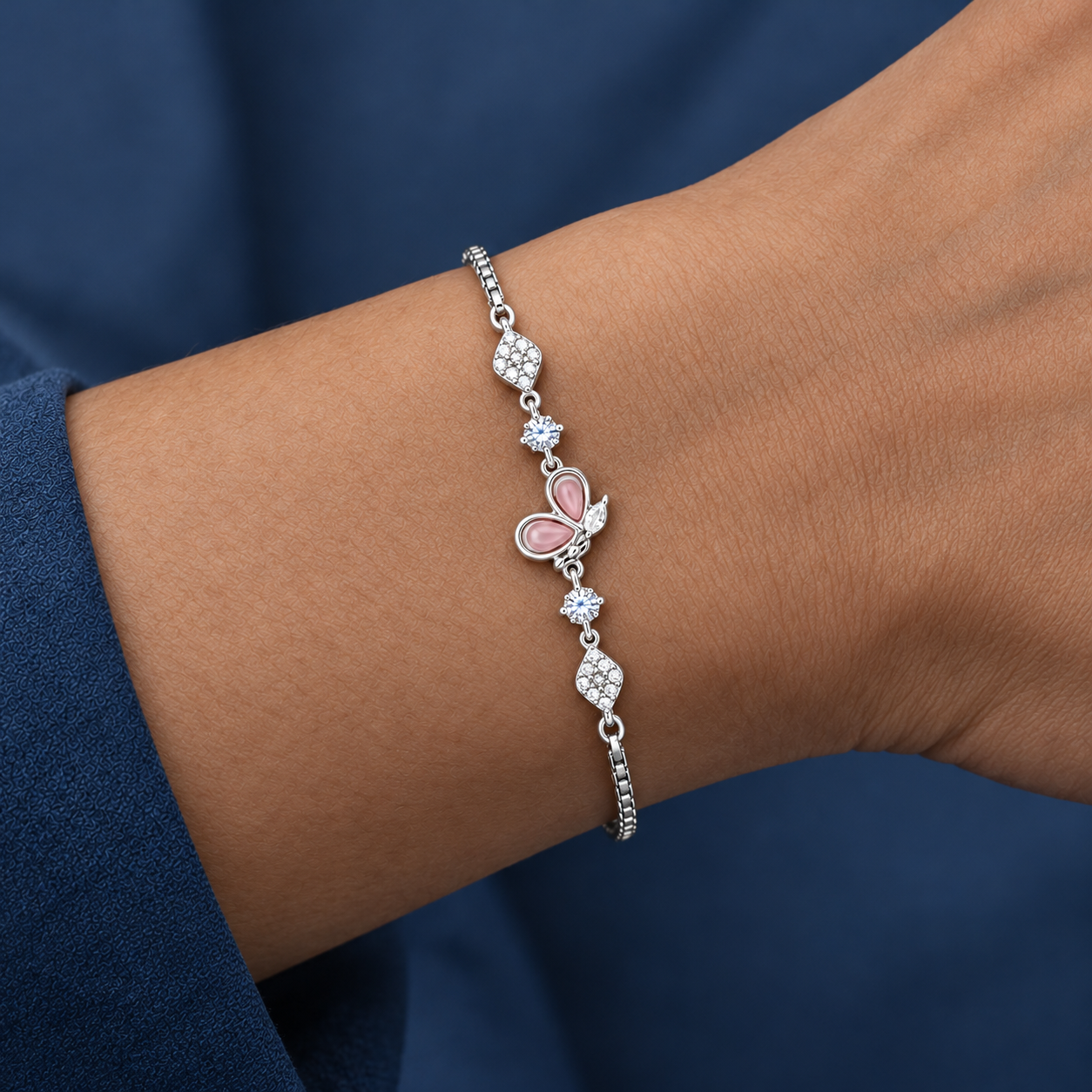 925 Silver Pink Butterfly Charm Bracelet
