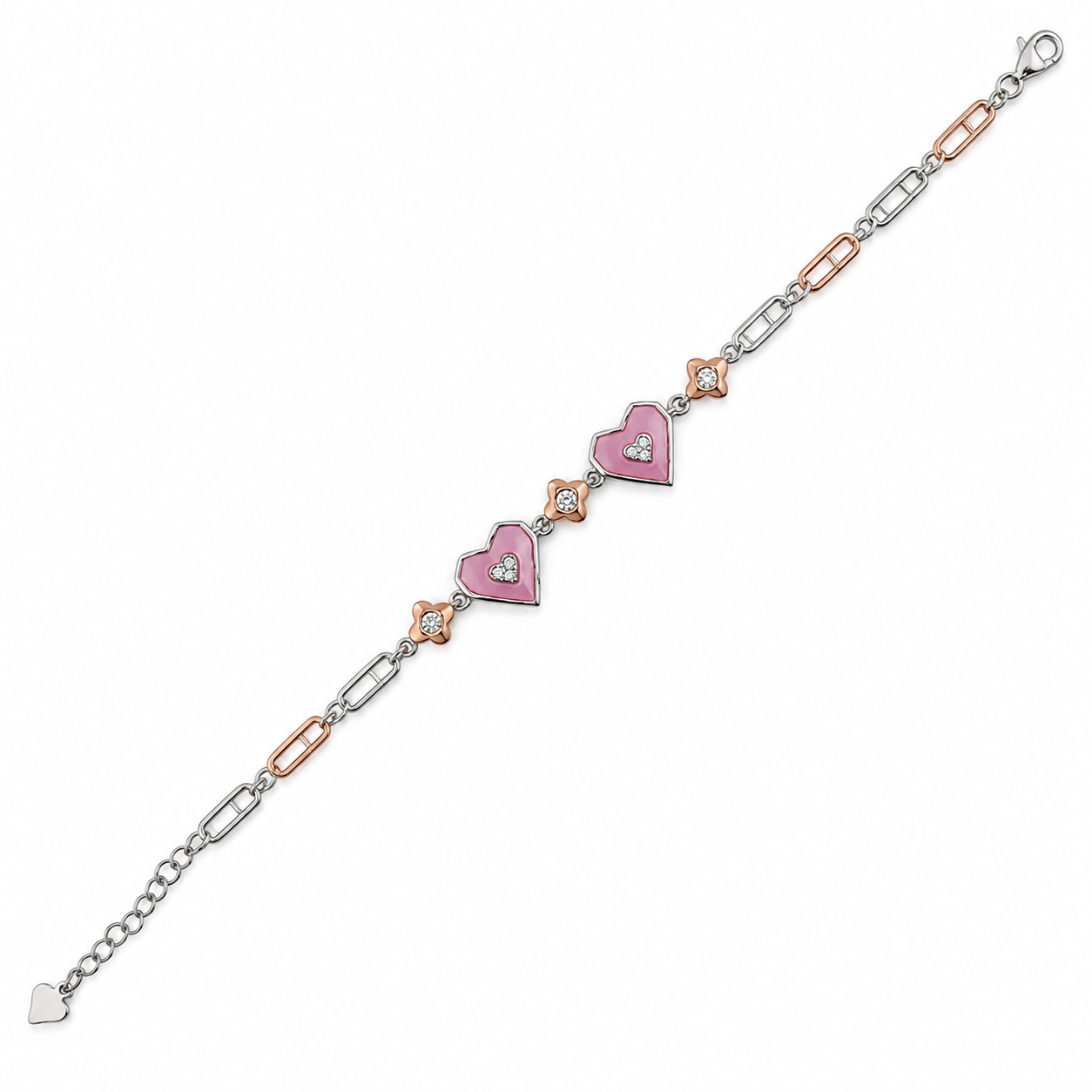 925 Silver Pink Heart & Star Charm Bracelet
