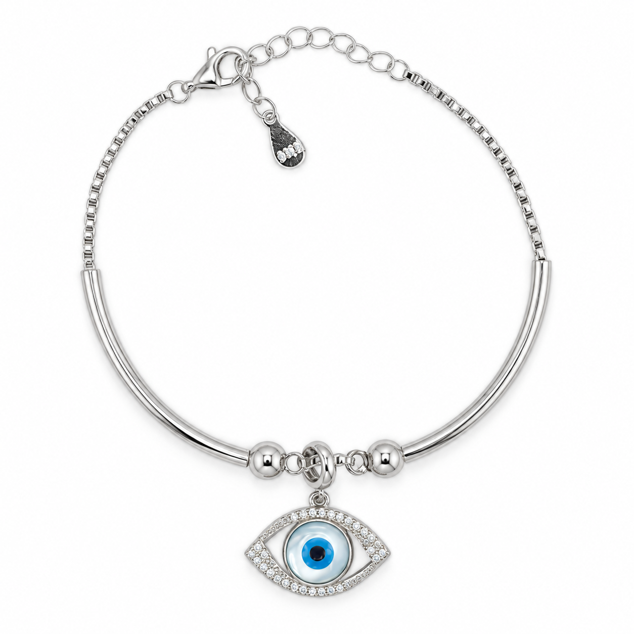 Sparkling Blue Evil Eye 925 Silver Kada Bracelet