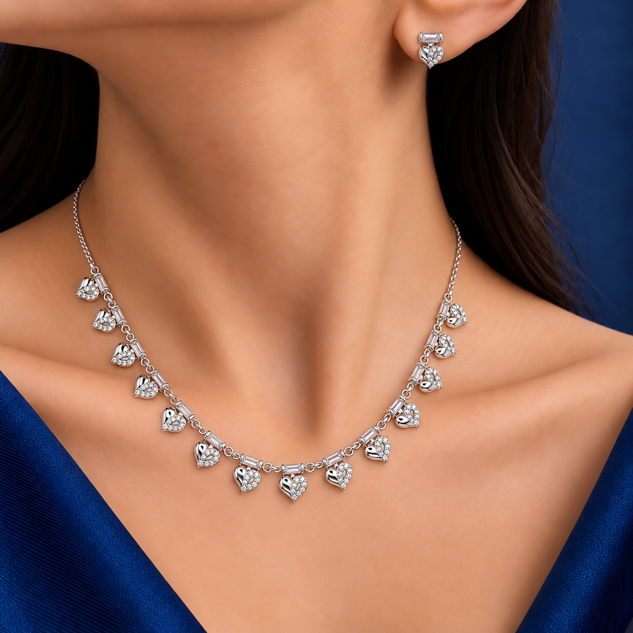 925 Silver Sparkling Heart Drop Necklace & Earrings Set