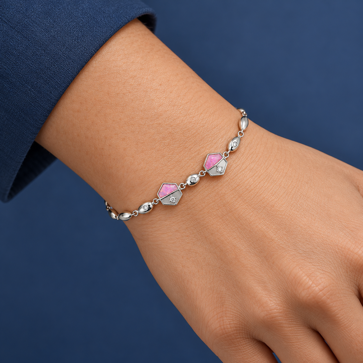 925 Silver Pink Geometric Charm Bracelet