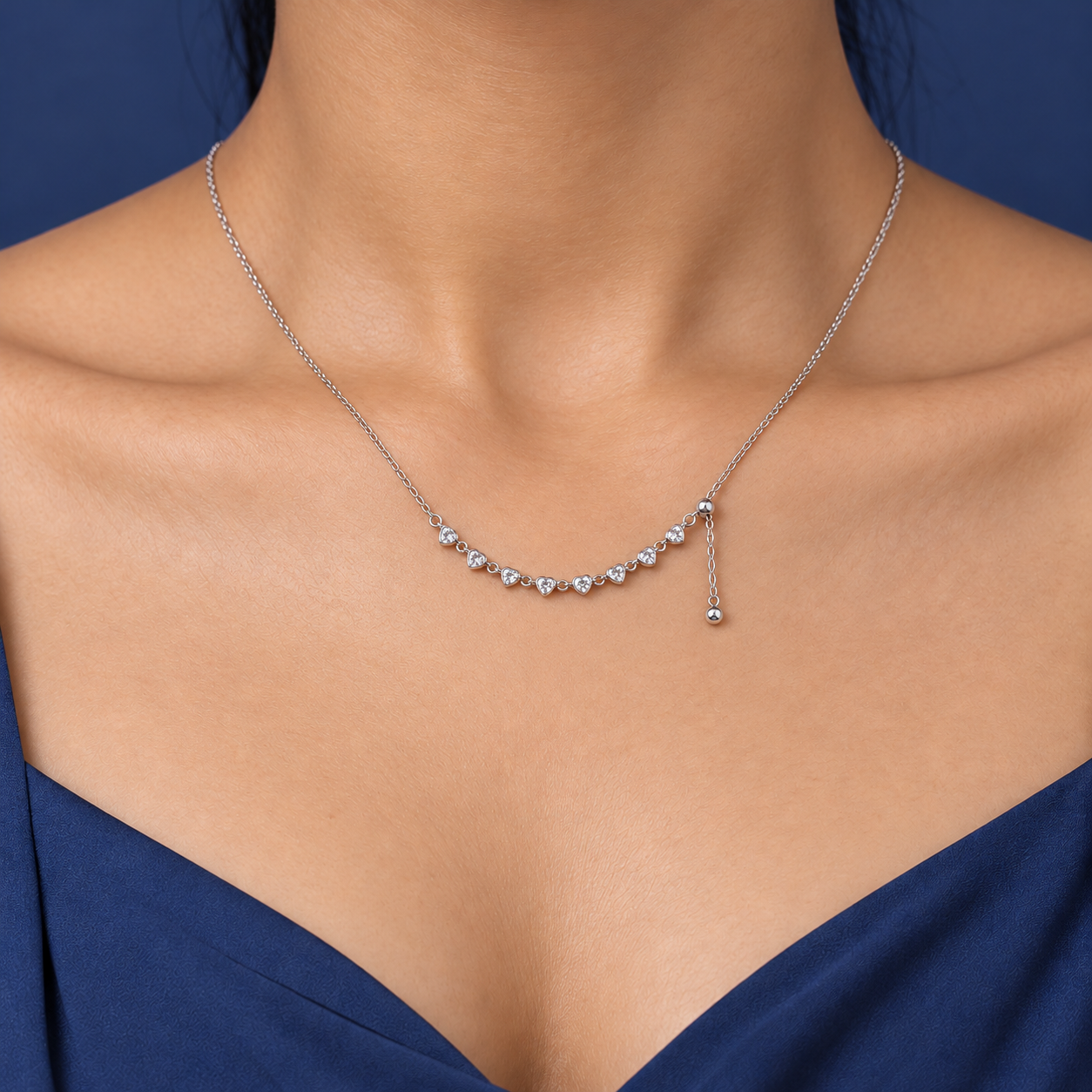 Elegant Silver Heart Crystal Chain Necklace