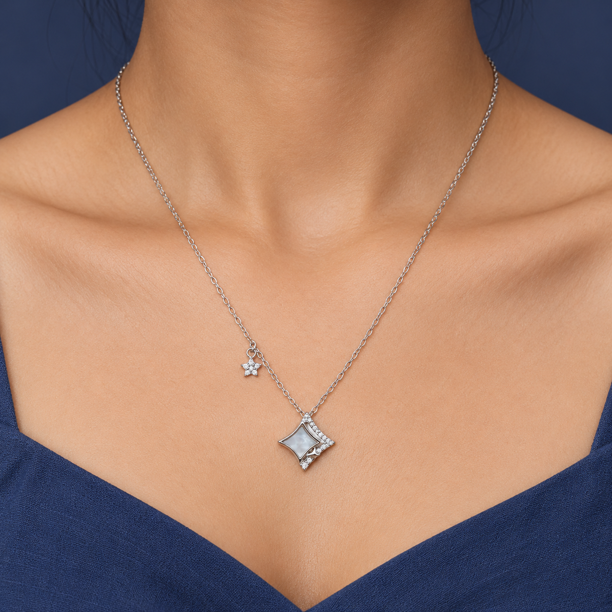 925 Silver Geometric Pearl Star Pendant Necklace
