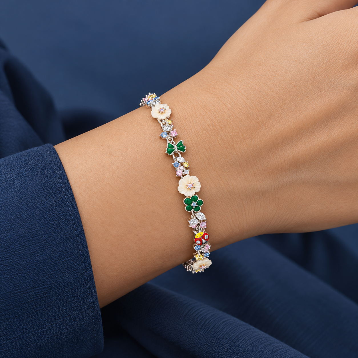 925 Silver Colorful Floral Charm Bracelet