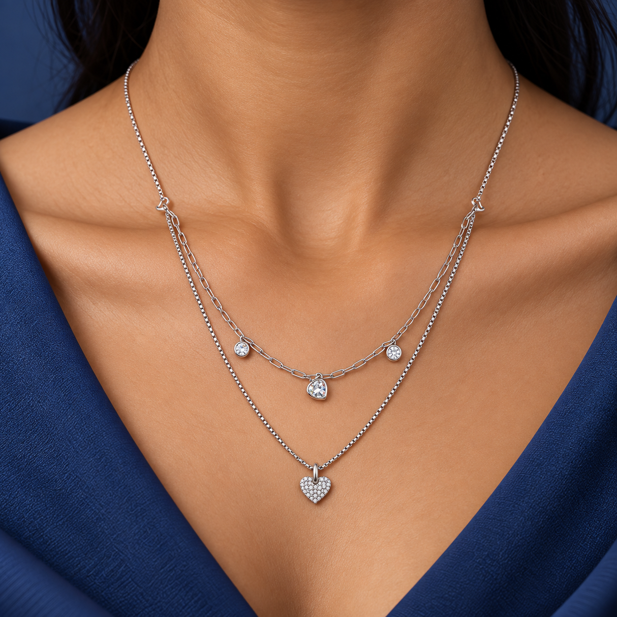 Double Layer Heart Silver Necklace