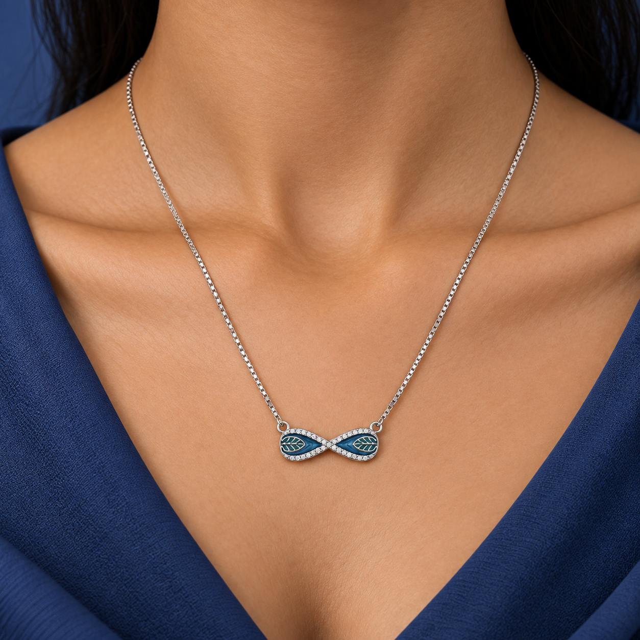 Blue Leaf Infinity Silver Necklace