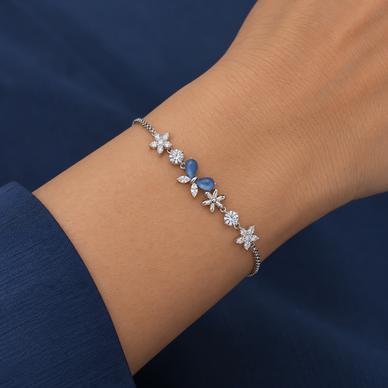925 Silver Blue Butterfly Floral Bracelet