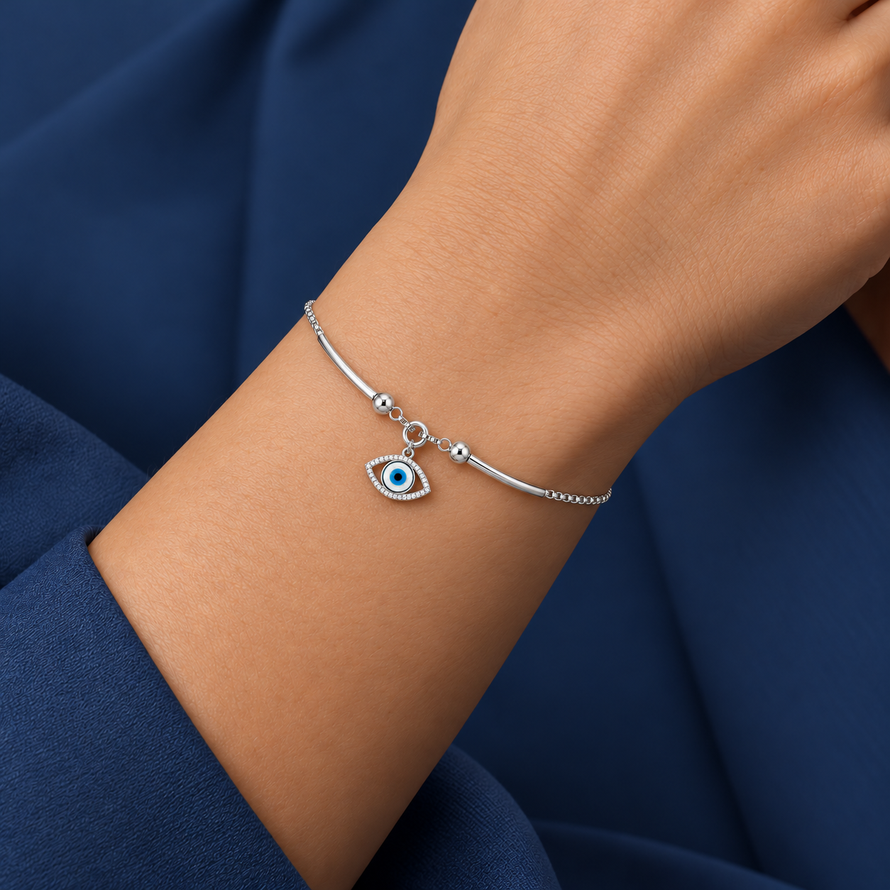 Blue Evil Eye Pendant 925 Silver Kada Bracelet