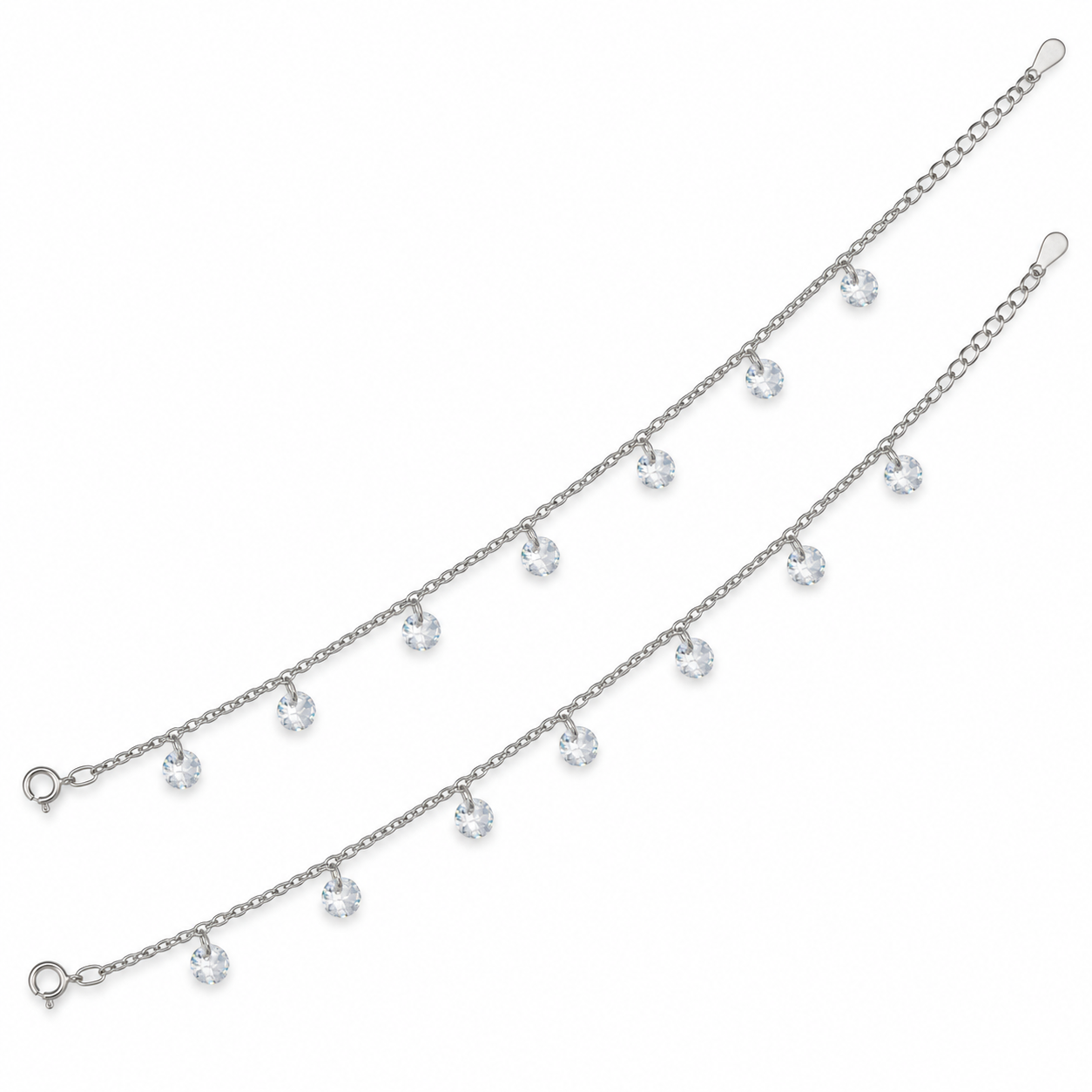 Crystal Drop 925 Silver Anklet Pair