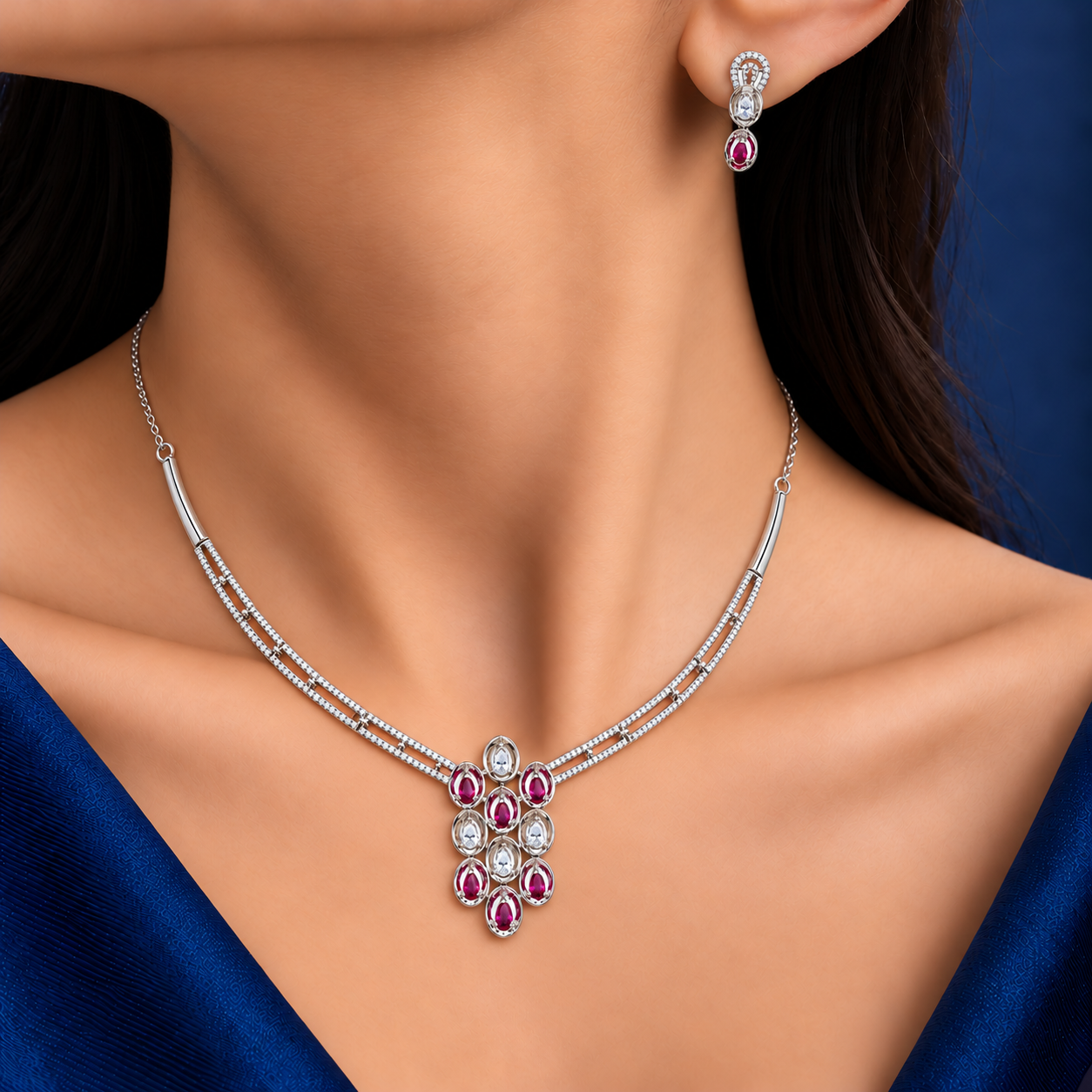 925 Silver Ruby Pink Teardrop Necklace Set