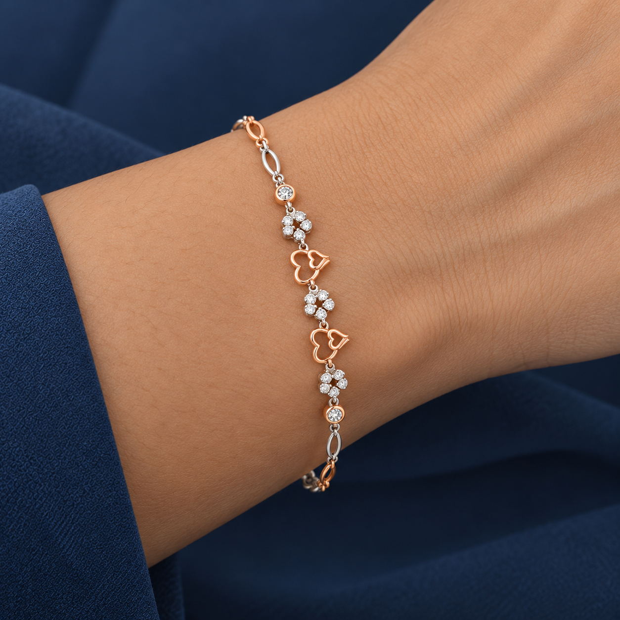 925 Silver Rose Gold Double Heart Bracelet