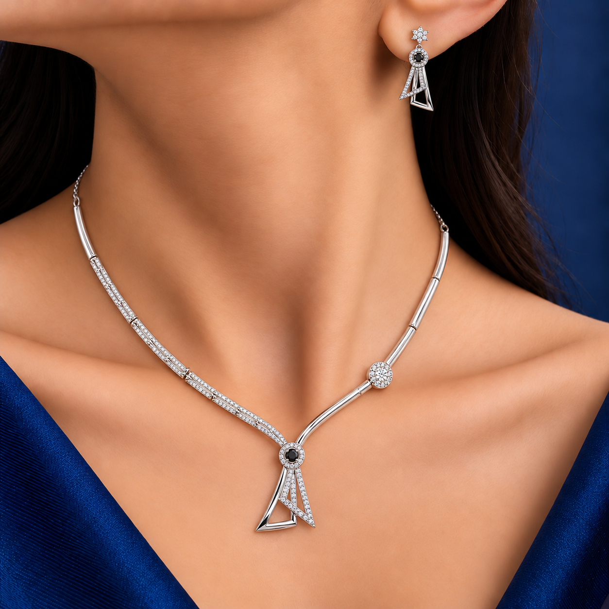925 Silver Black Stone Geometric Necklace Set