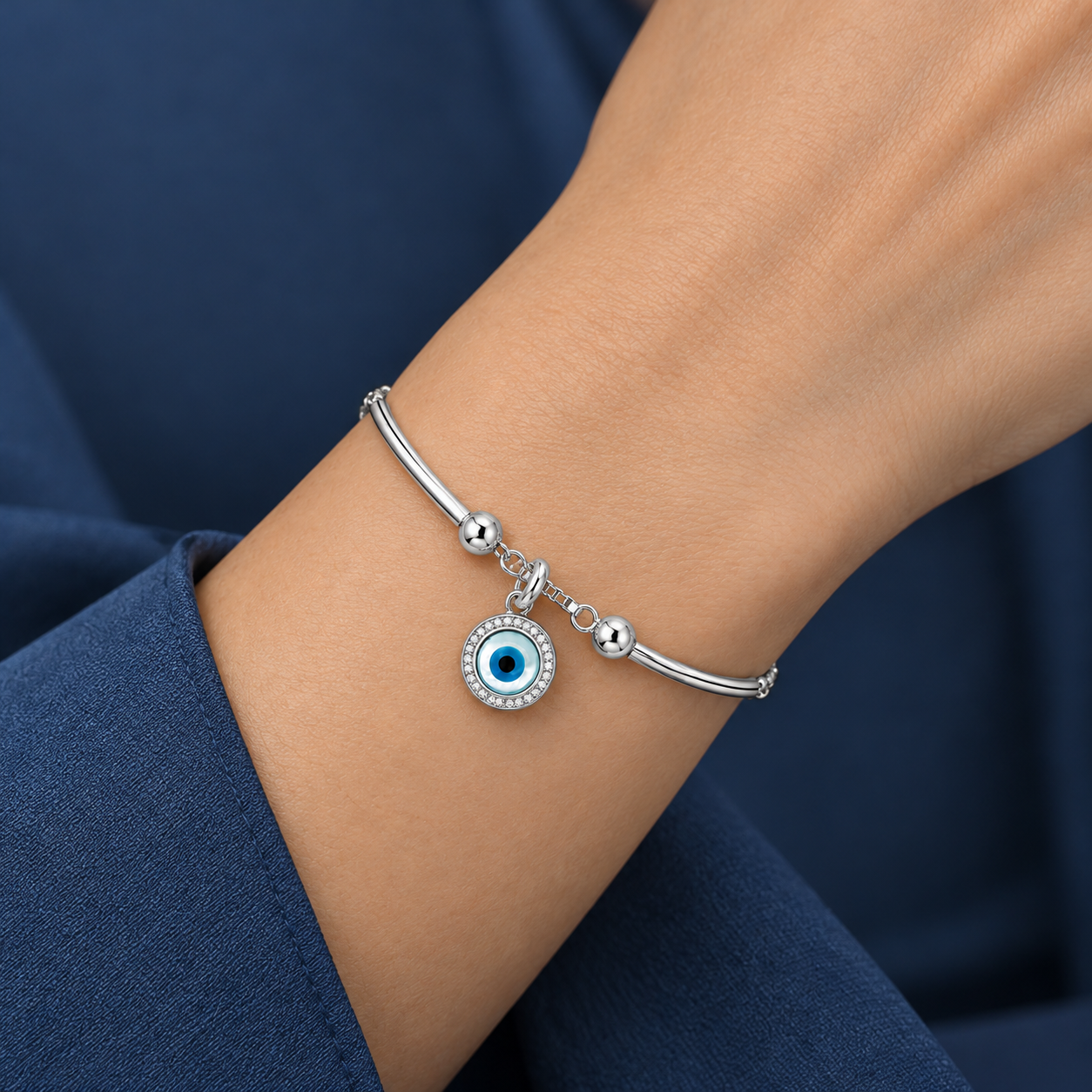 Round Blue Evil Eye 925 Silver Kada Bracelet