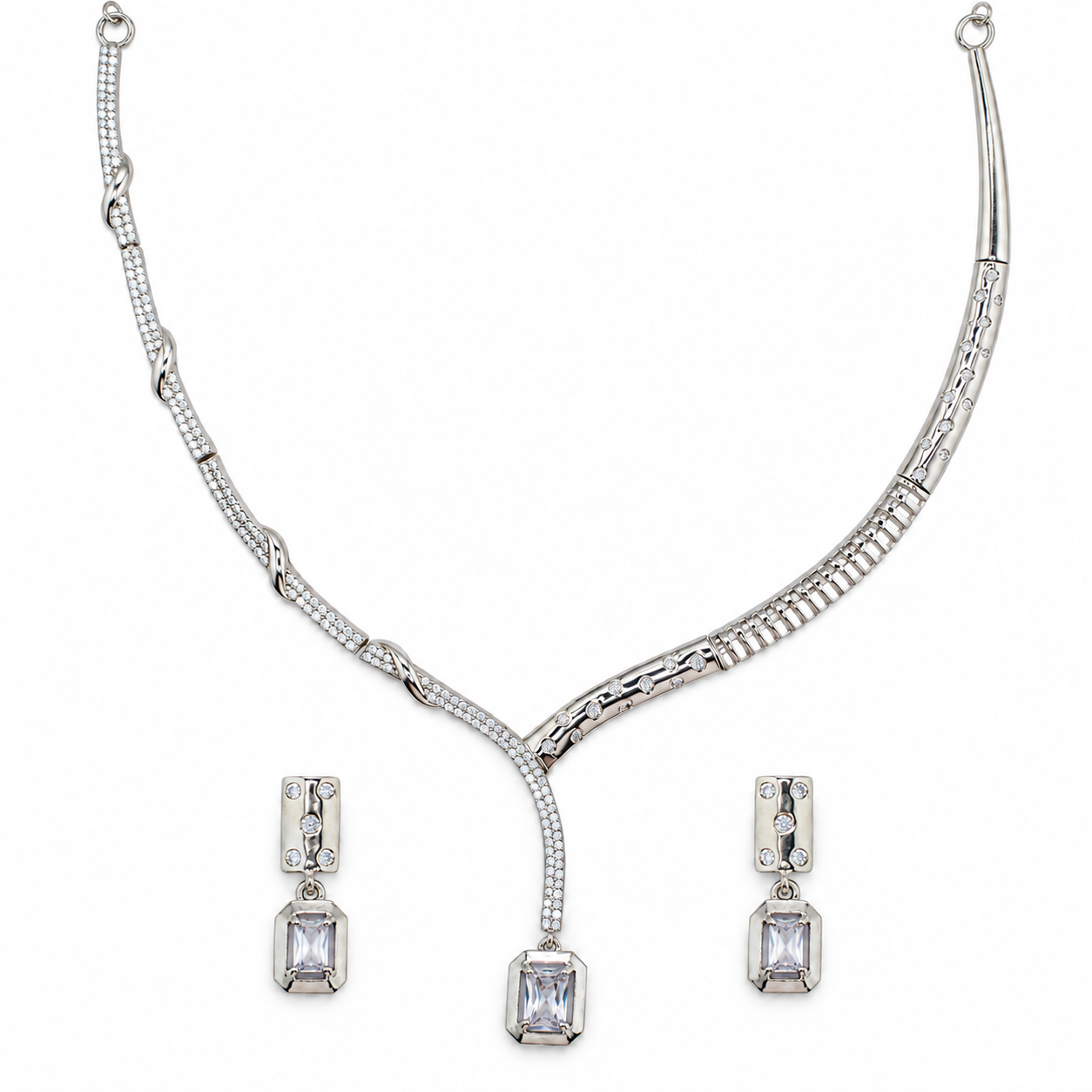 925 Silver Asymmetric Crystal Drop Necklace Set