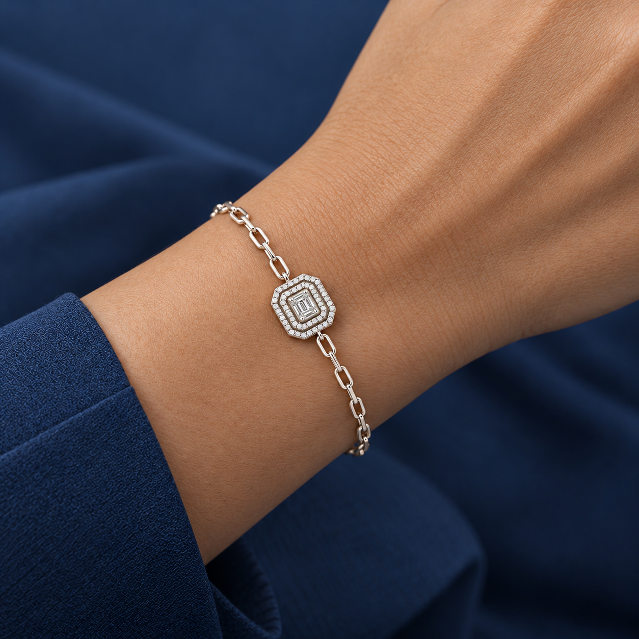 925 Silver Emerald Cut Halo Link Bracelet