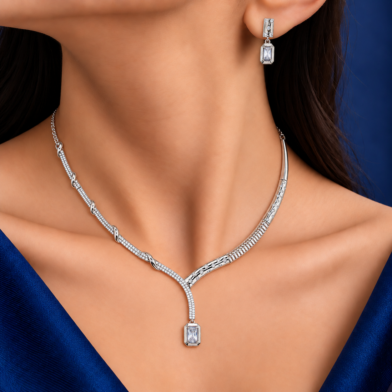 925 Silver Asymmetric Crystal Drop Necklace Set