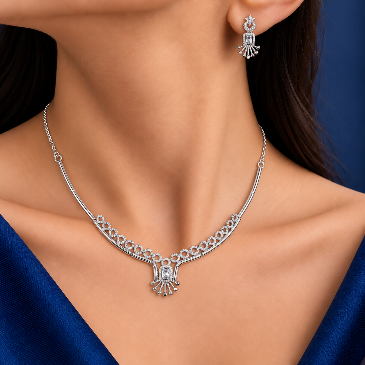 925 Silver Sparkling Circle & Tassel Necklace Set