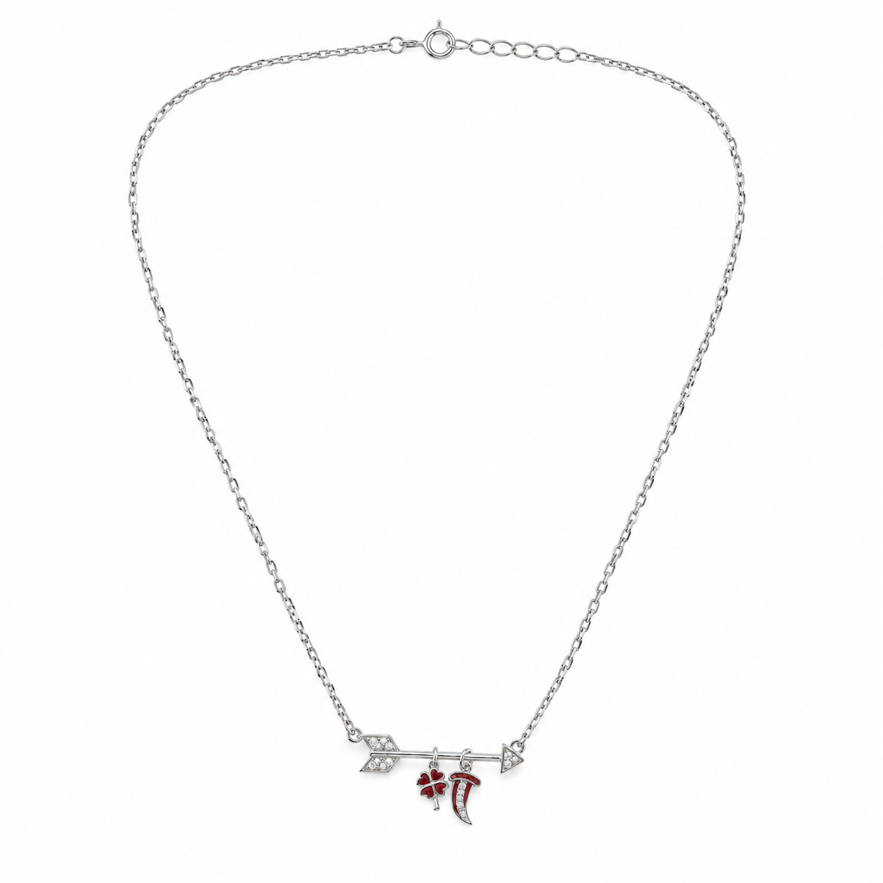 925 Silver Lucky Clover & Horn Charm Necklace