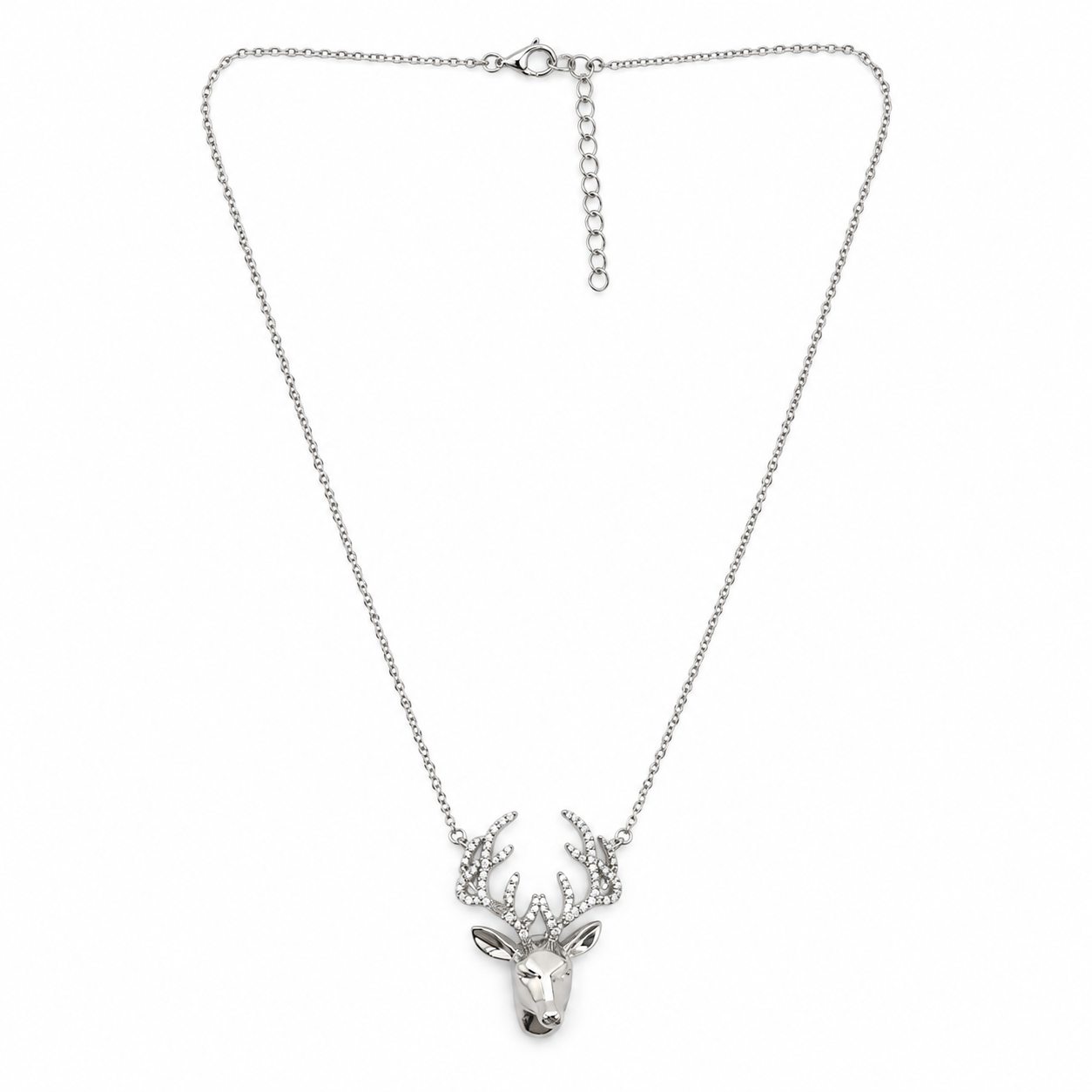 925 Silver Sparkling Deer Head Pendant Necklace
