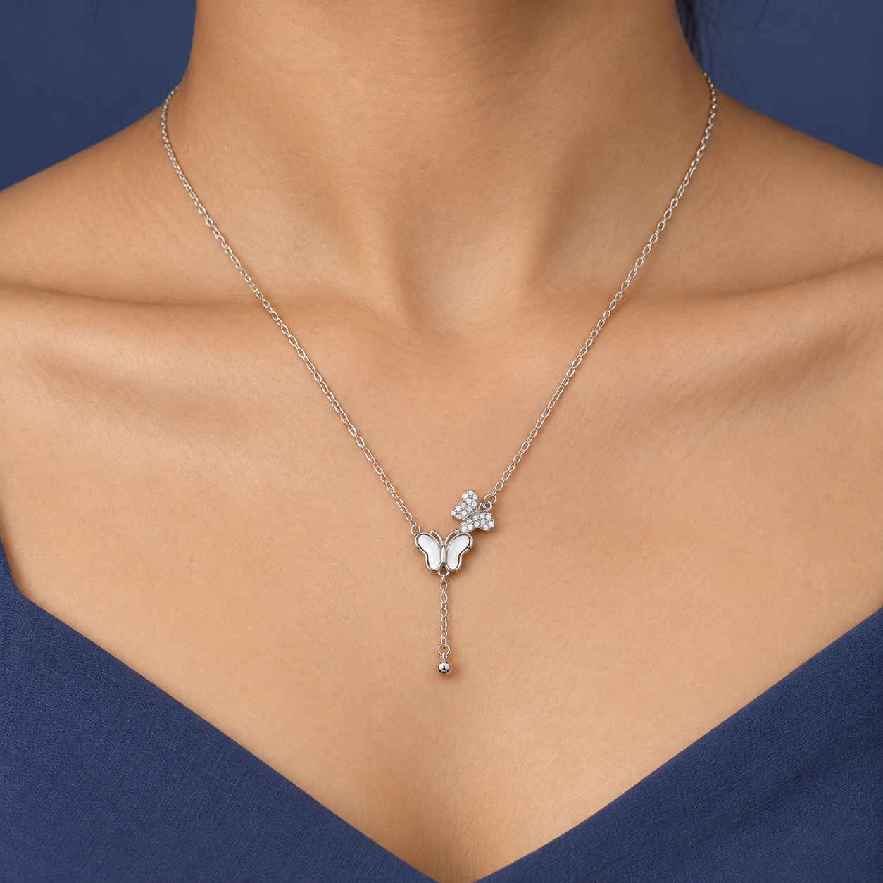 925 Silver Double Butterfly Drop Chain Necklace