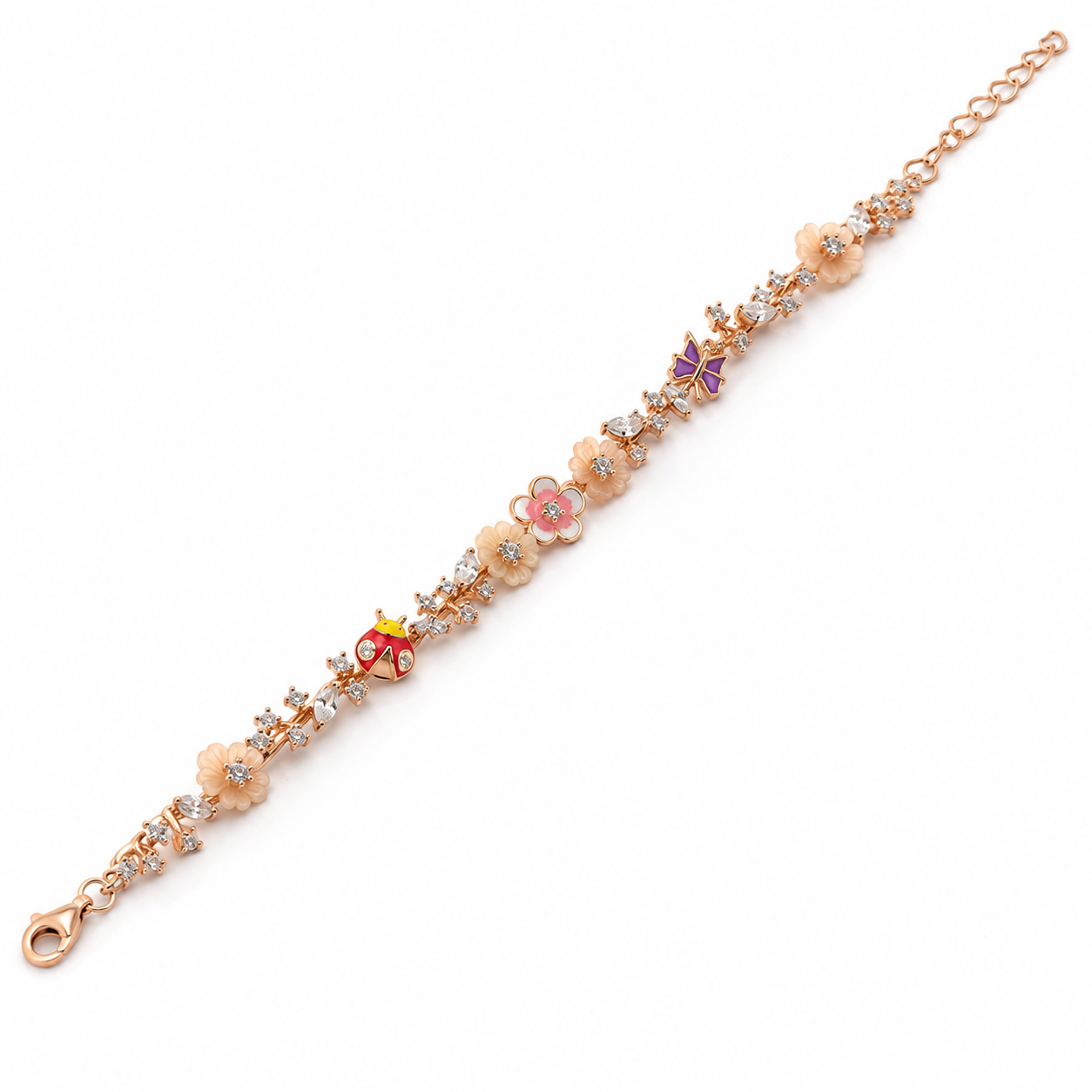 925 Silver Rose Gold Floral Charm Bracelet