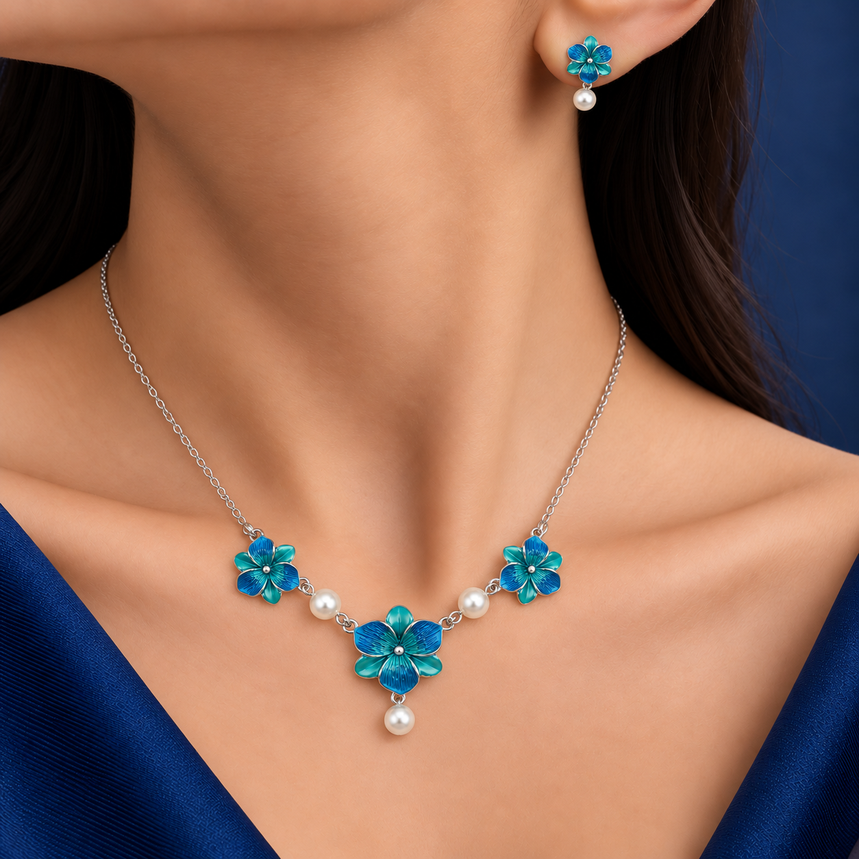 925 Silver Blue Floral Pearl Necklace & Earrings Set