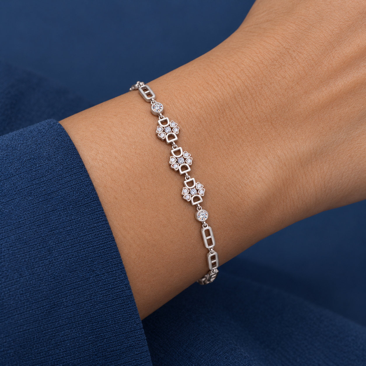 925 Silver Triple Floral Stone Link Bracelet