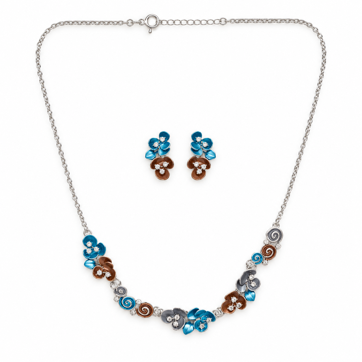 925 Silver Multicolor Floral Necklace & Earrings Set