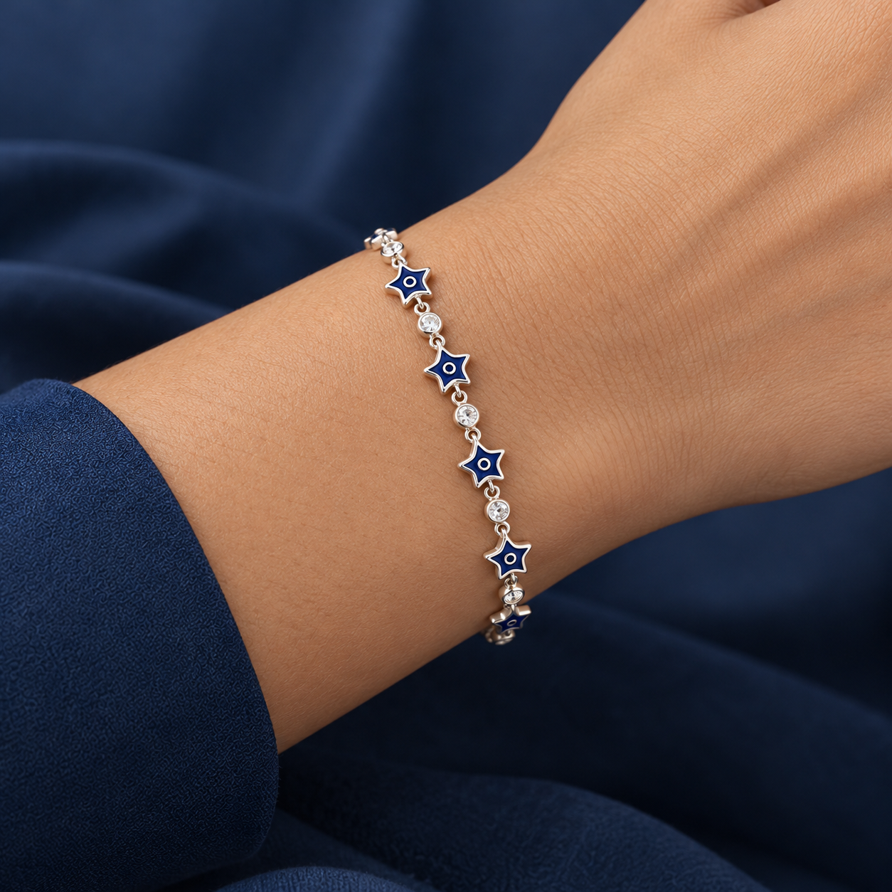 925 Silver Blue Enamel Star Link Bracelet