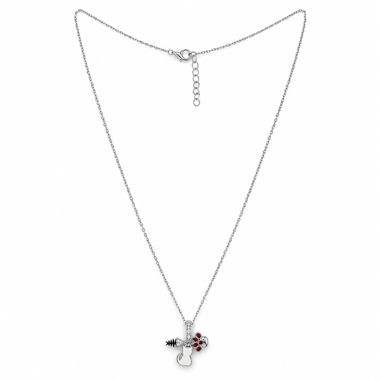 Elegant Silver Cat & Fishbone Charm Pendant Necklace with Red Stones