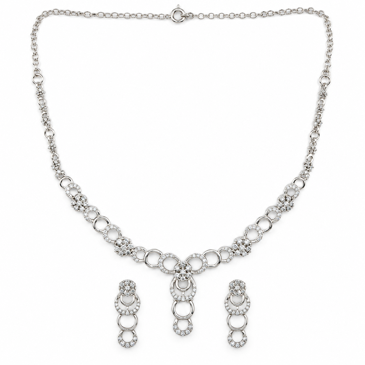 925 Silver Sparkling Circle Drop Necklace & Earrings Set