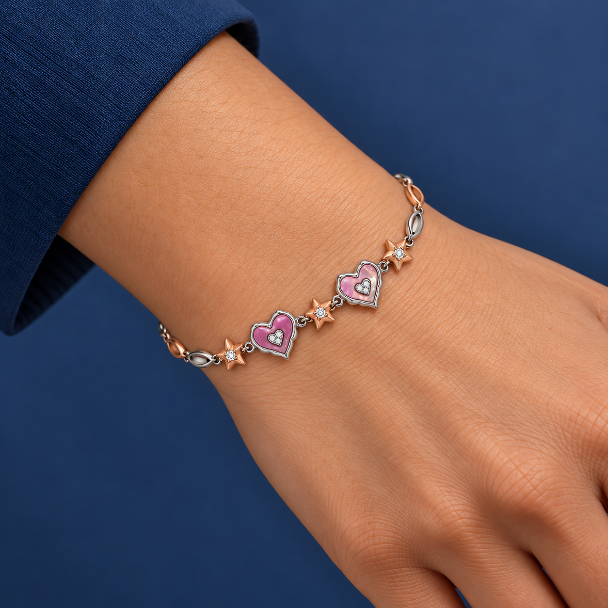 925 Silver Pink Heart & Star Charm Bracelet