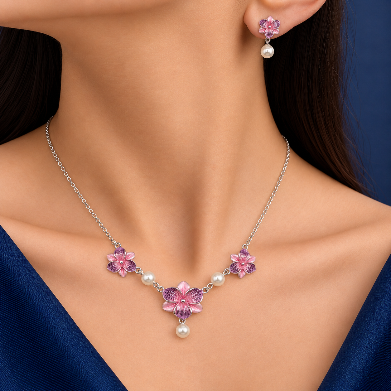 925 Silver Pink Orchid Pearl Necklace & Earrings Set