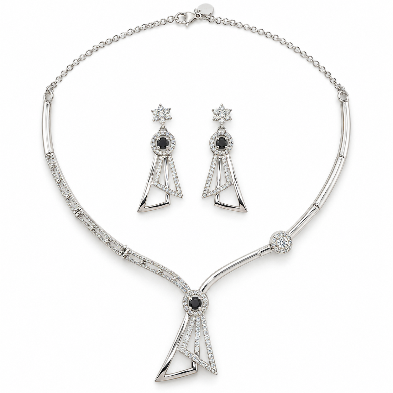 925 Silver Black Stone Geometric Necklace Set