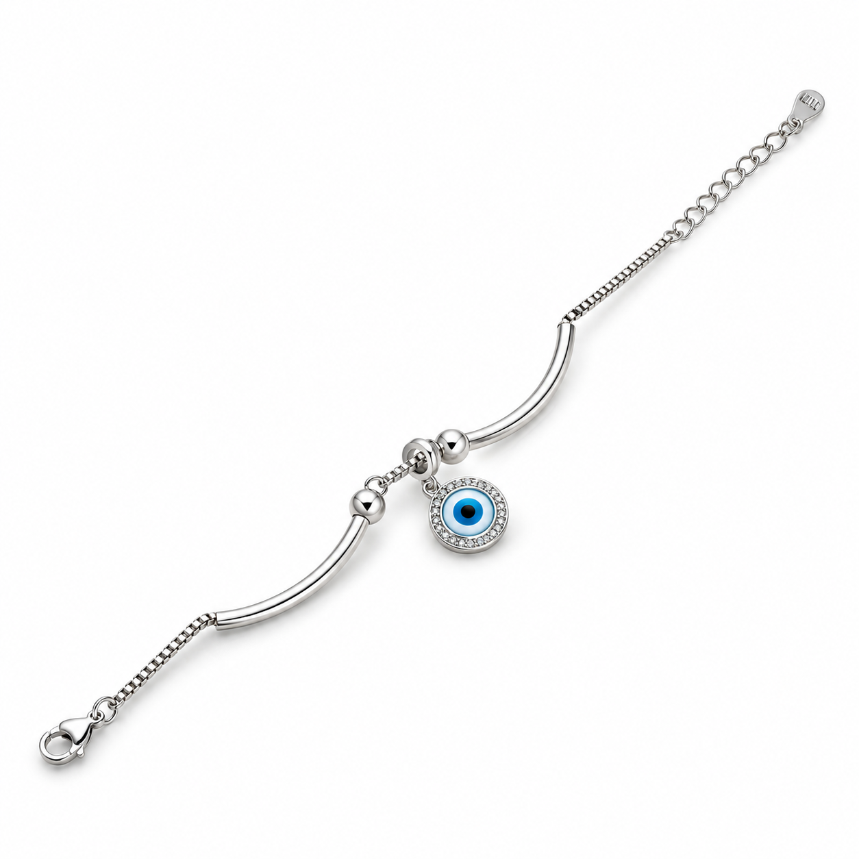Round Blue Evil Eye 925 Silver Kada Bracelet