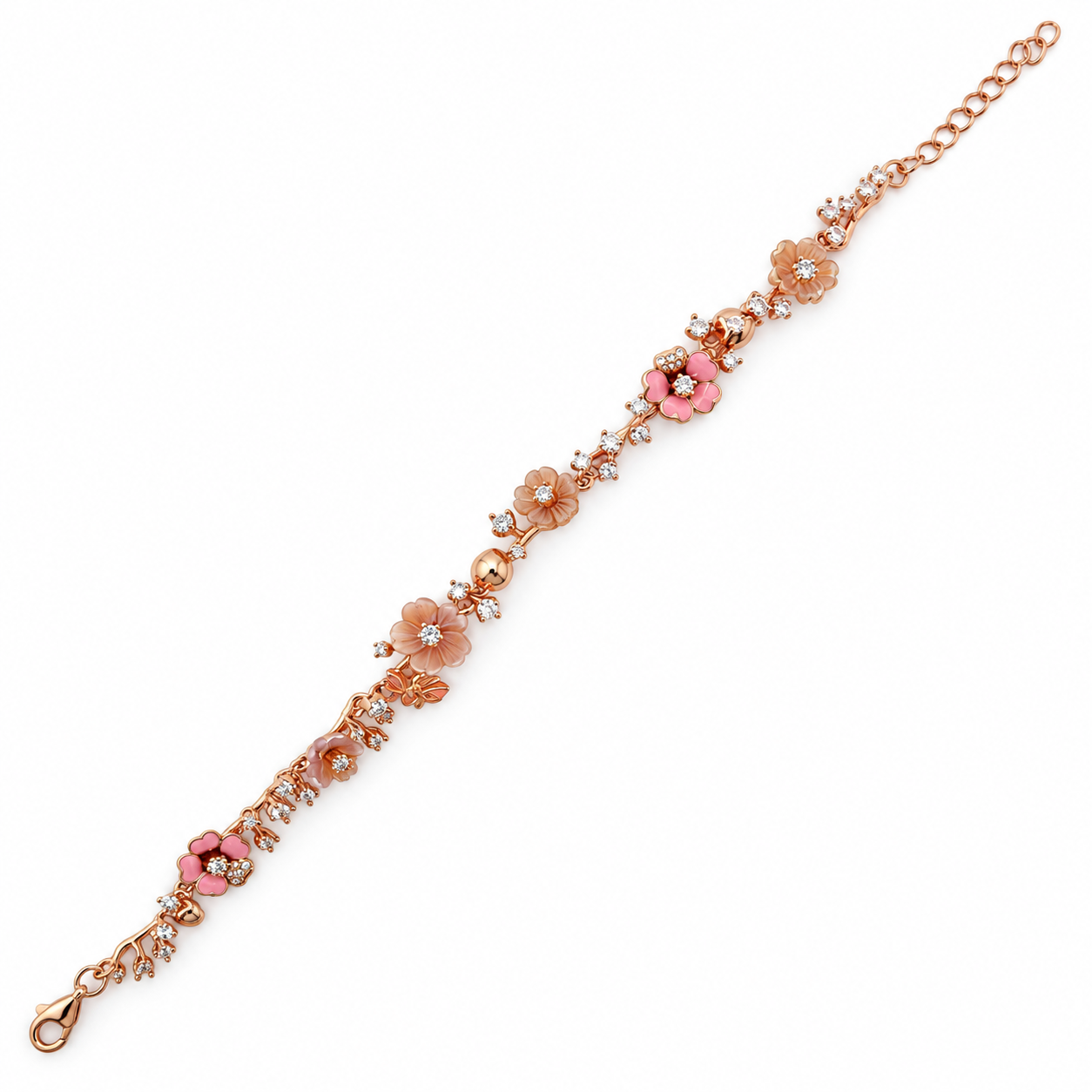 925 Silver Rose Gold Pink Floral Bracelet