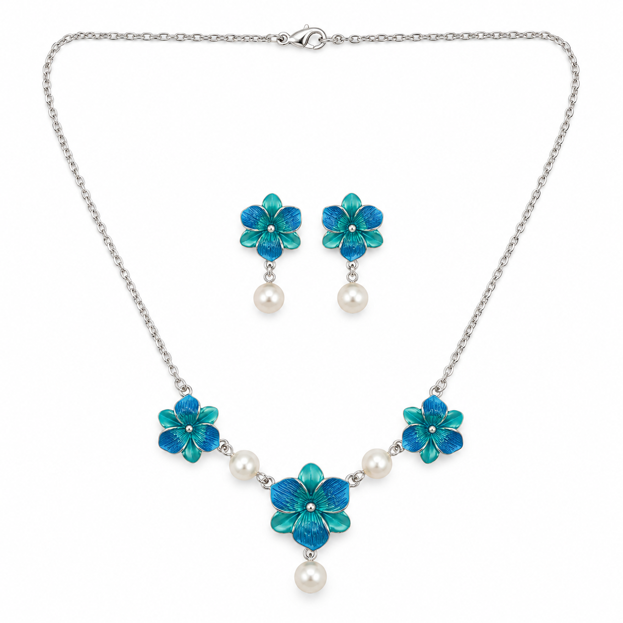 925 Silver Blue Floral Pearl Necklace & Earrings Set
