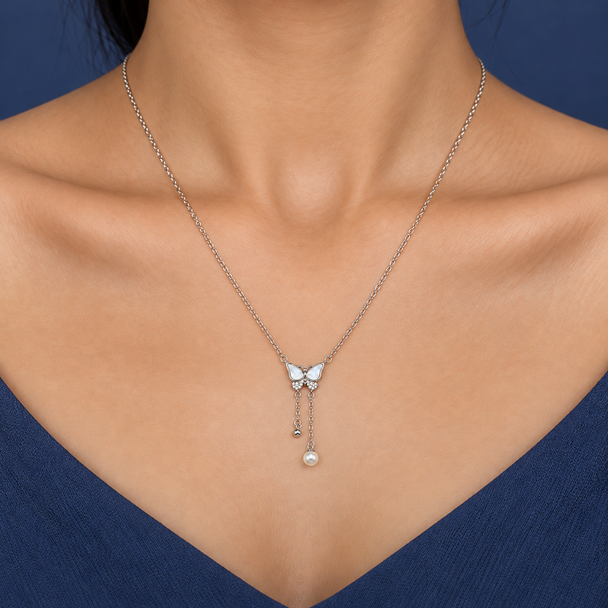 Elegant Silver Butterfly Pearl Drop Chain Pendant Necklace