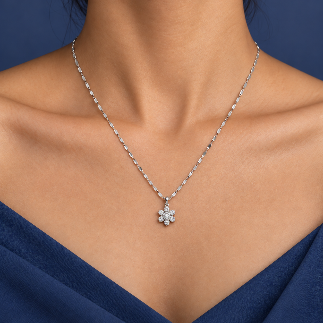 Elegant Silver Floral Stone Studded Chain Pendant Necklace
