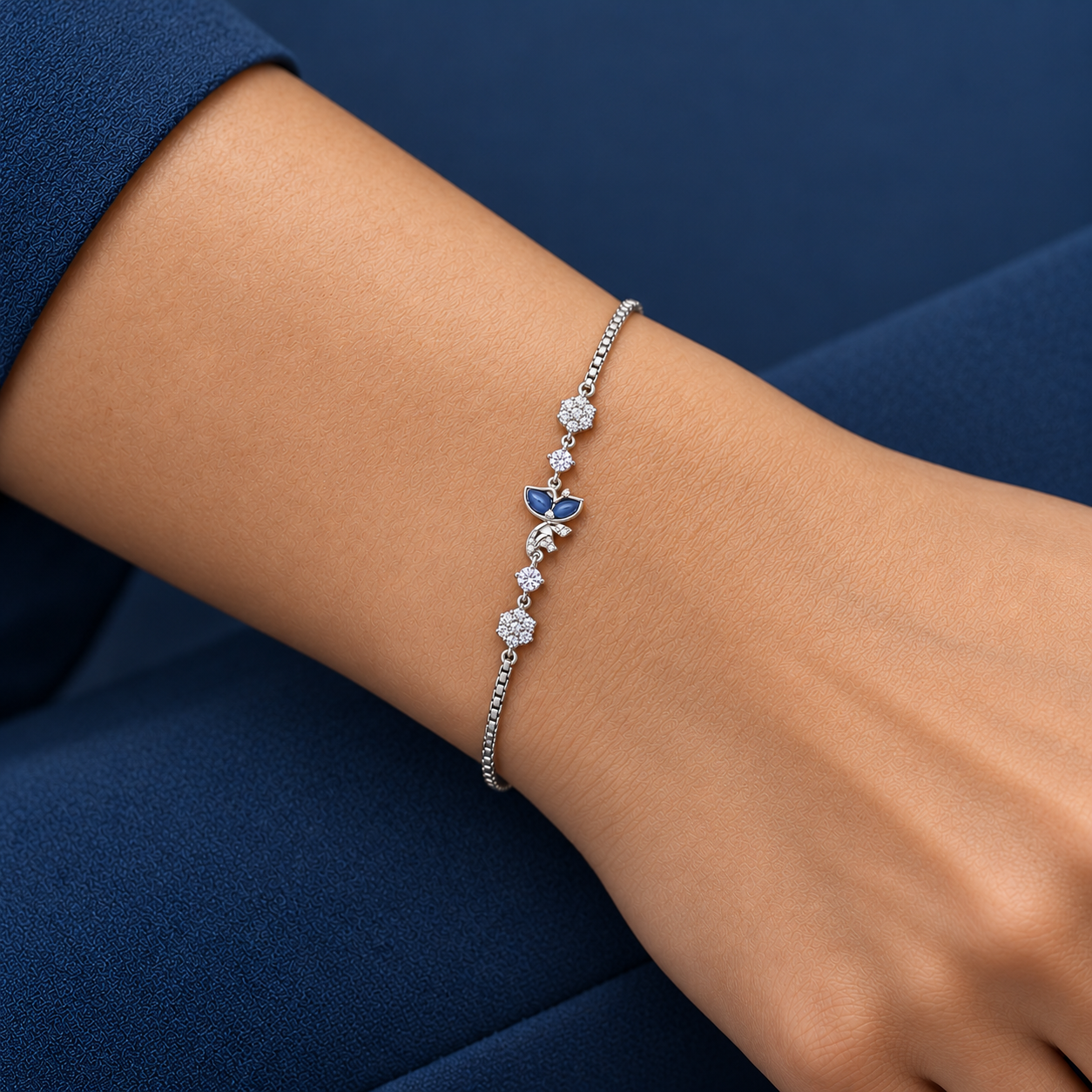 925 Silver Blue Floral Charm Bracelet