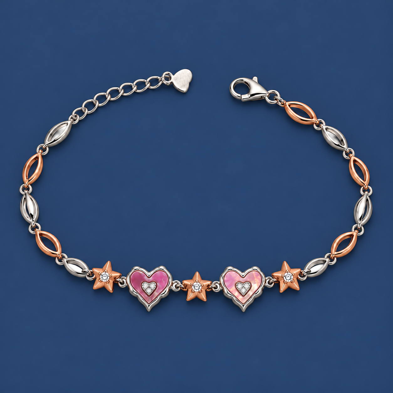 925 Silver Pink Heart & Star Charm Bracelet