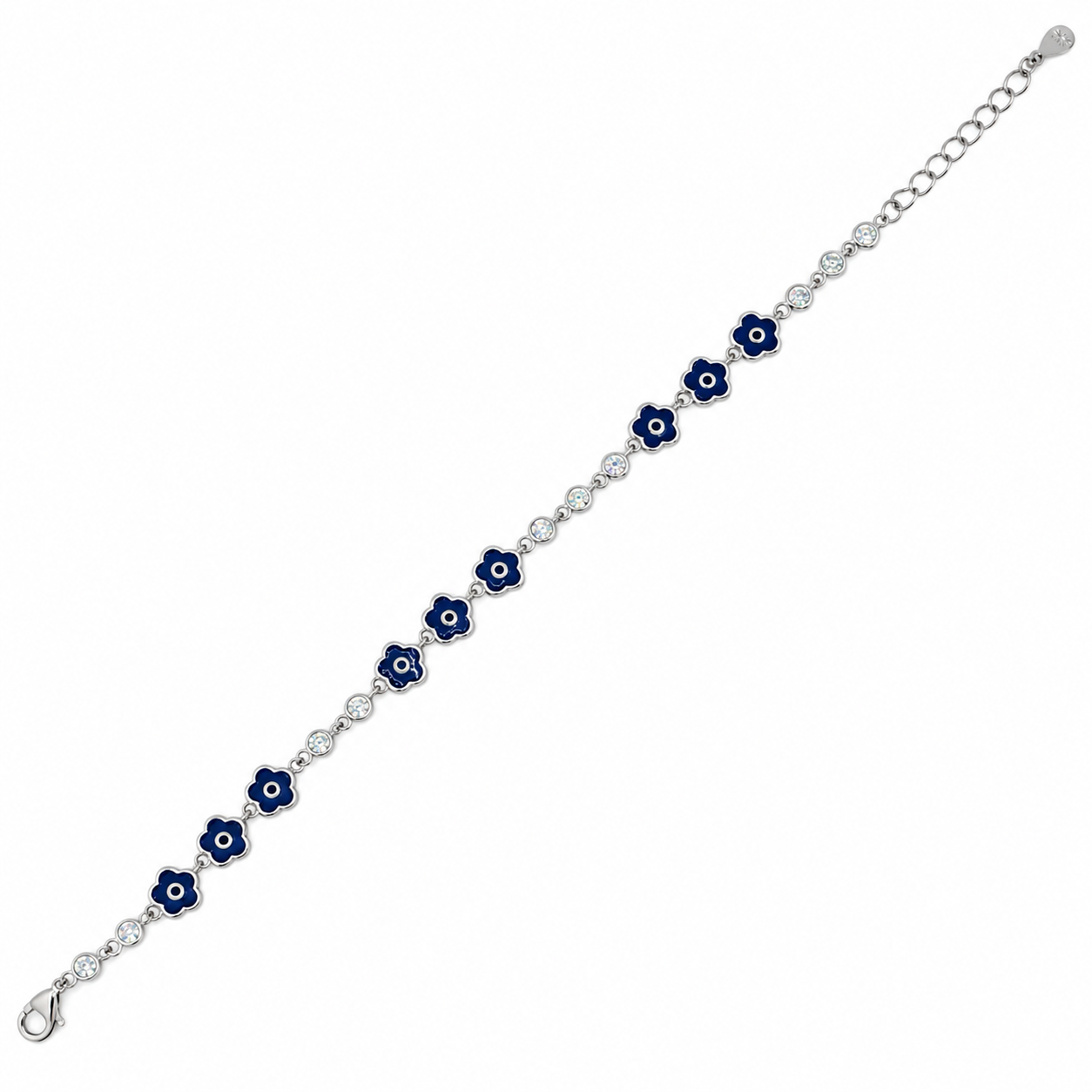 925 Silver Blue Enamel Flower Link Bracelet
