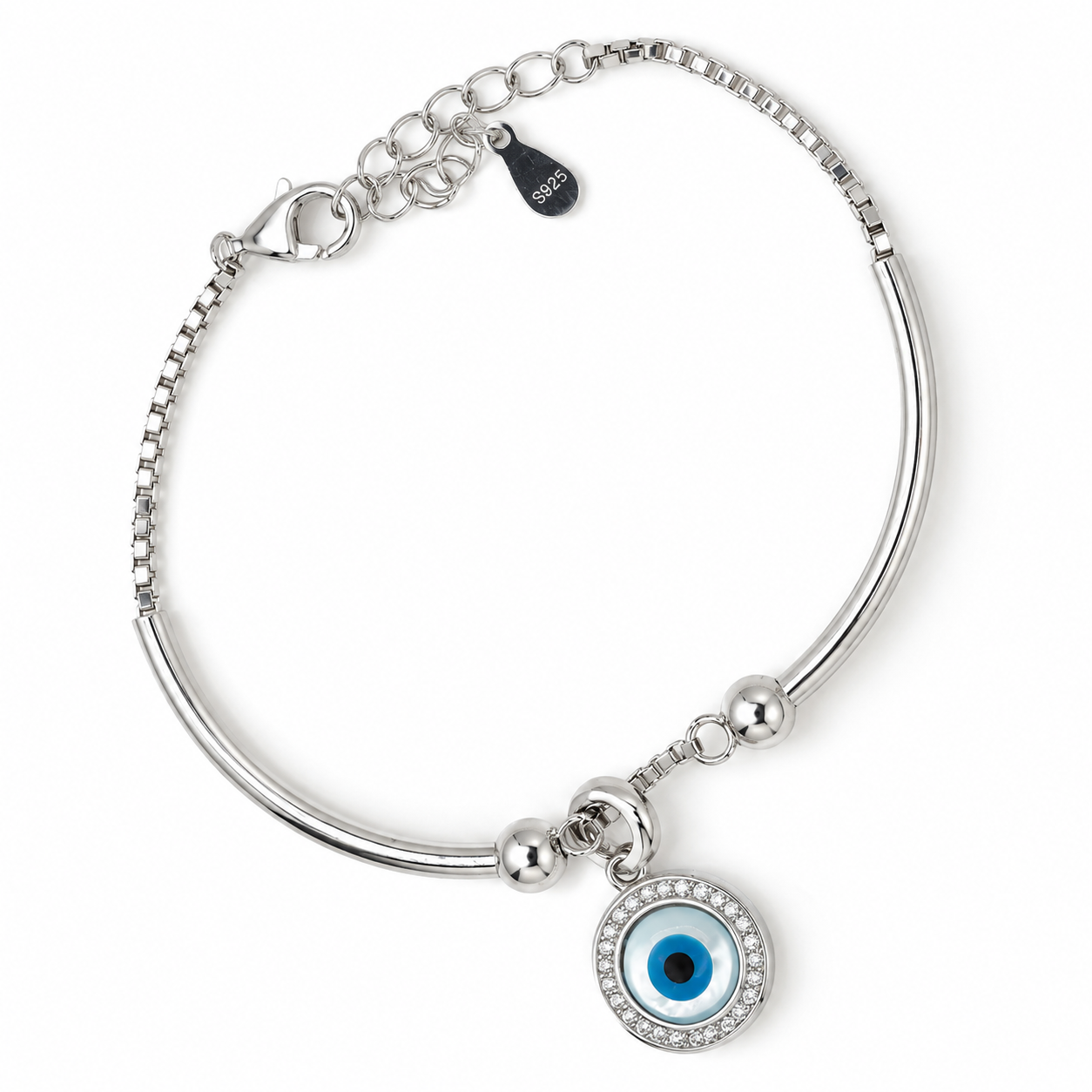 Round Blue Evil Eye 925 Silver Kada Bracelet