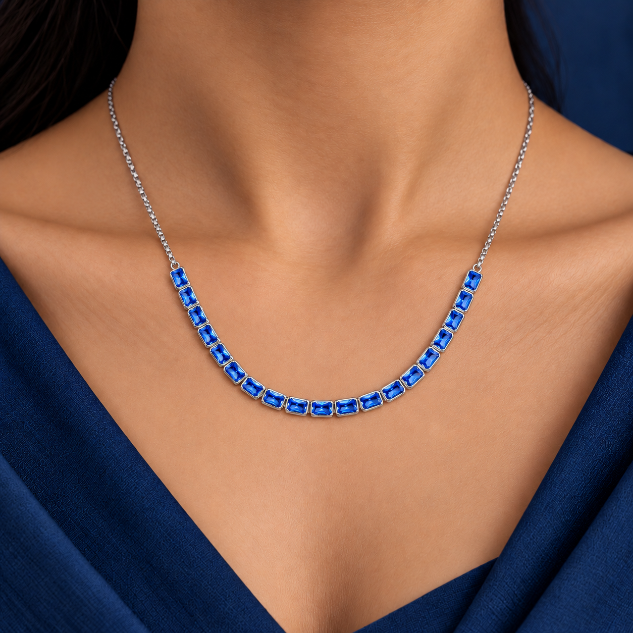 925 Silver Royal Blue Stone Necklace & Earrings Set